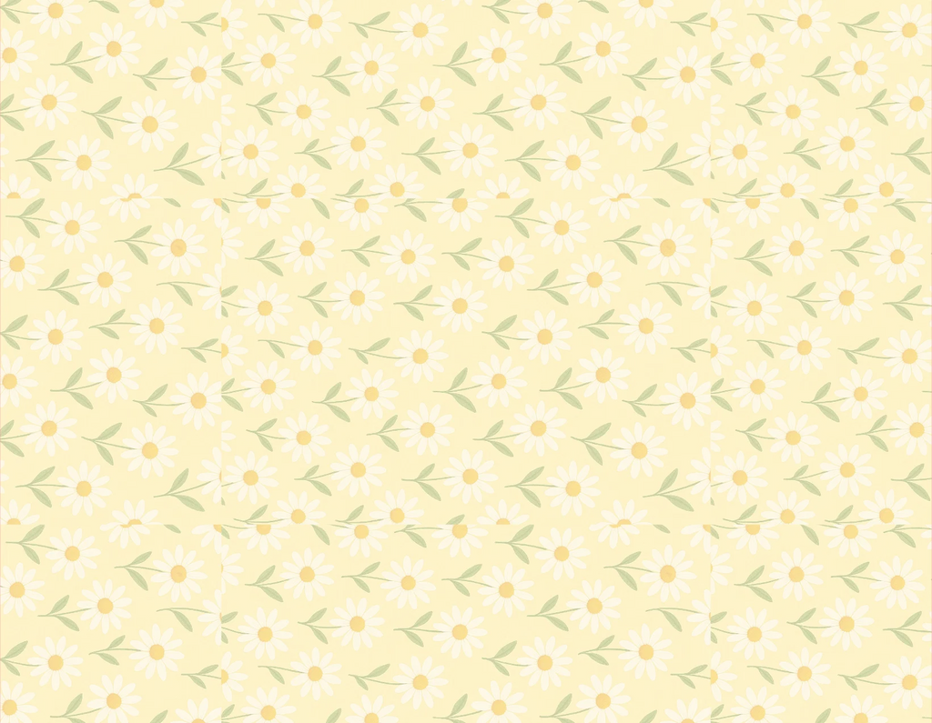Pattern of small white flowers with green leaves on a light yellow background