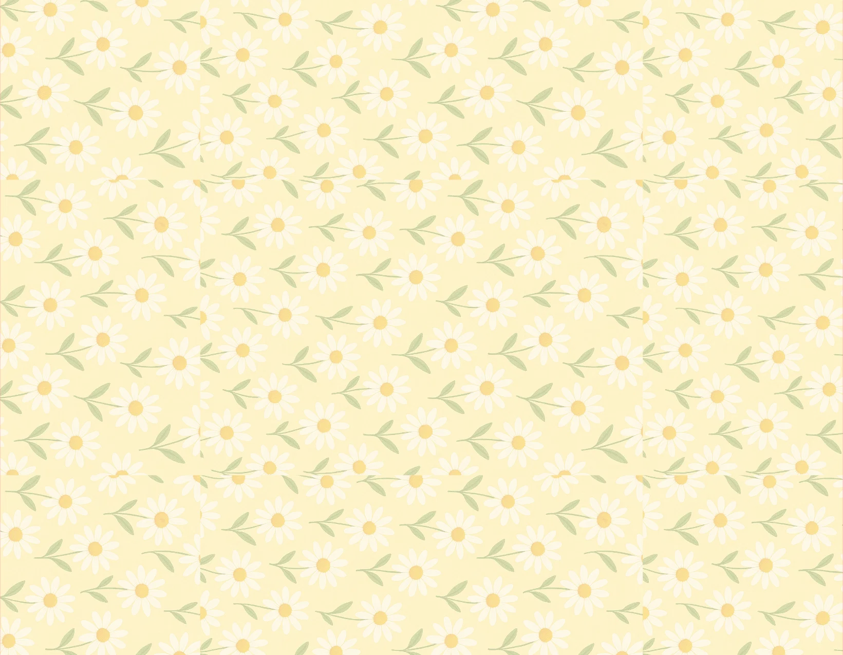 Pattern of small white flowers with green leaves on a light yellow background