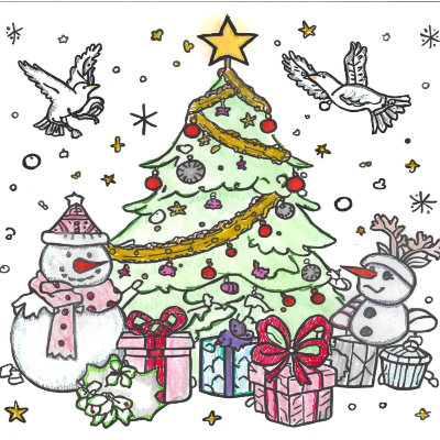 Colorful Christmas illustration with a decorated tree, snowmen, and presents.