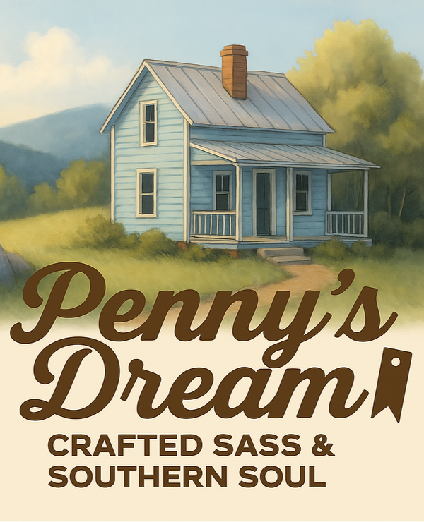 Illustration of a blue house with 'Penny's Dream' text on a natural background