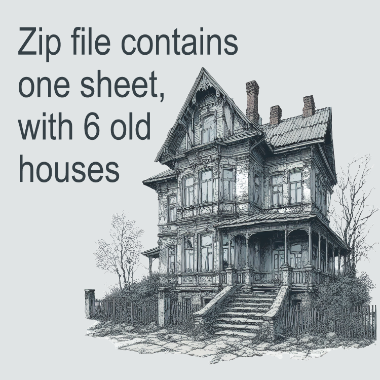 Illustration of an old house with text about a zip file containing drawings of houses.