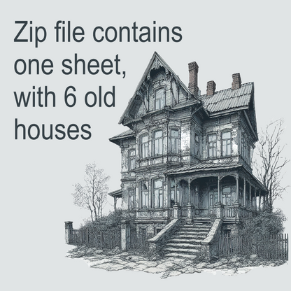 Illustration of an old house with text about a zip file containing drawings of houses.