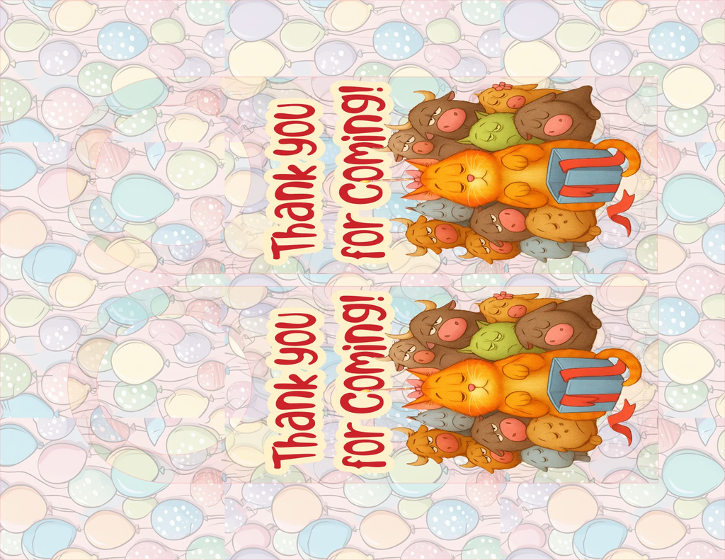 Colorful card with cartoon animals and 'Thank you for coming!' text on a patterned background