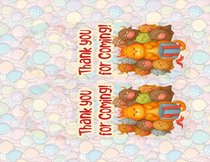 Colorful card with cartoon animals and 'Thank you for coming!' text on a patterned background