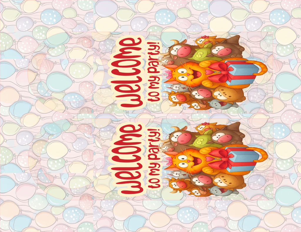 Decorative card with cartoon animals and 'Welcome to my party!' text on a colorful polka dot background.