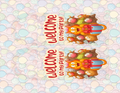 Decorative card with cartoon animals and 'Welcome to my party!' text on a colorful polka dot background.