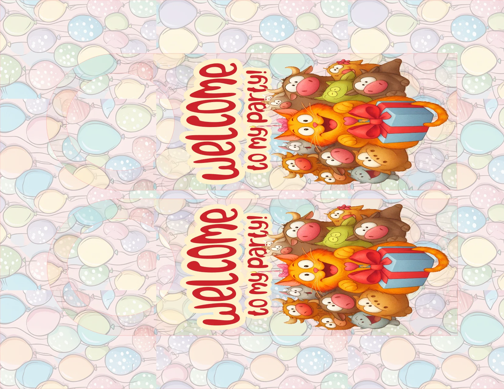 Decorative card with cartoon animals and 'Welcome to my party!' text on a colorful polka dot background.