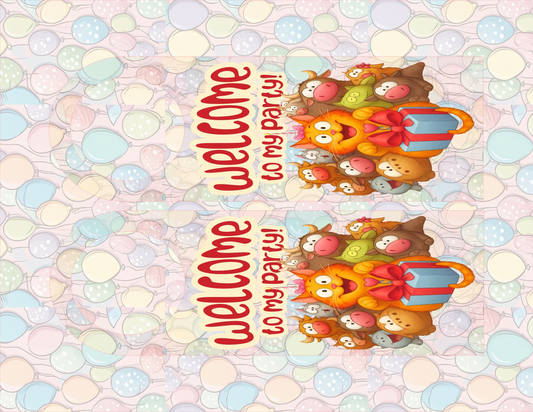 Decorative card with cartoon animals and 'Welcome to my party!' text on a colorful polka dot background.
