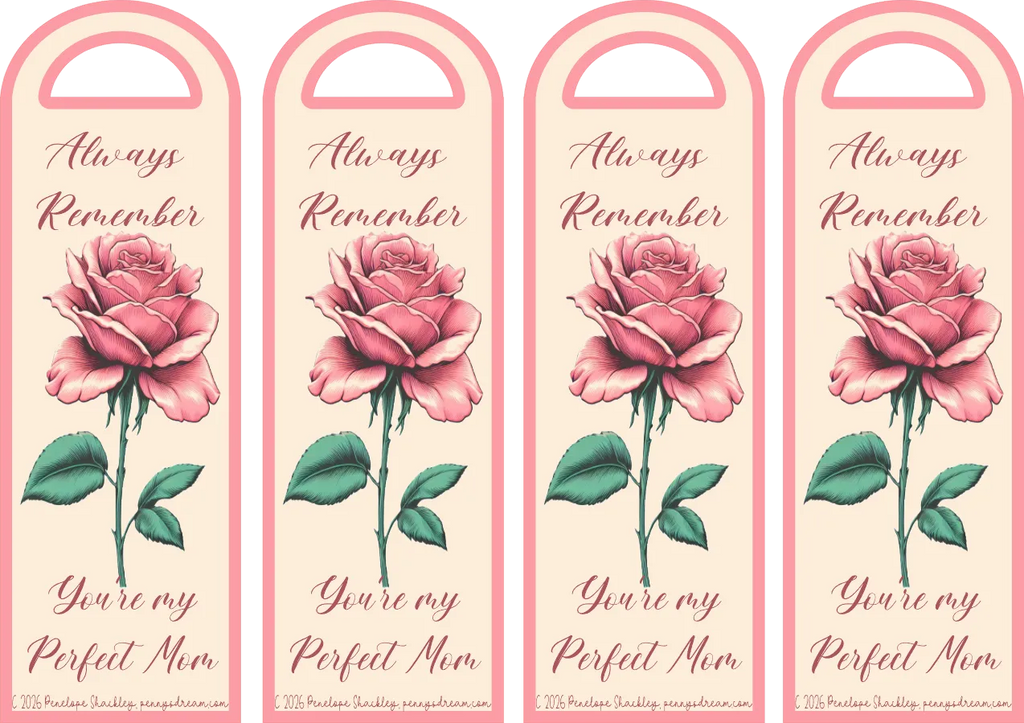 Four pink bookmarks with a rose illustration and text on a white background