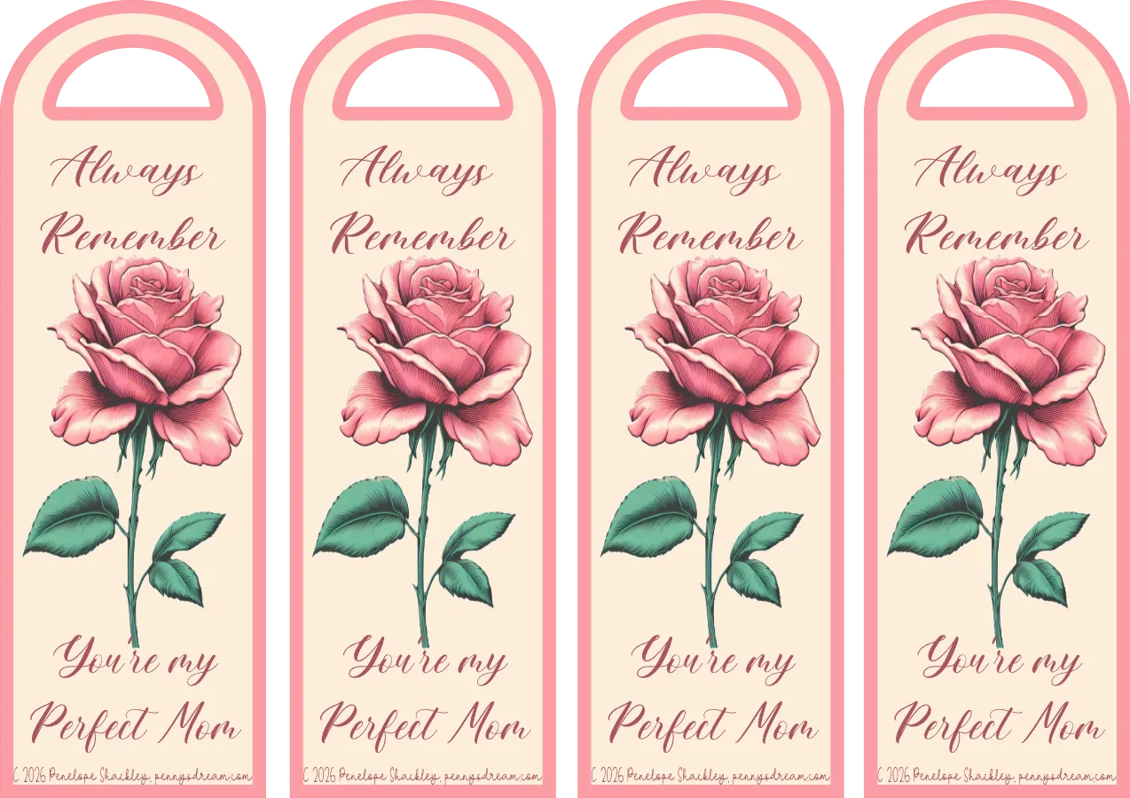Four pink bookmarks with a rose illustration and text on a white background