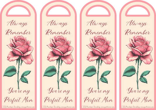 Four pink bookmarks with a rose illustration and text on a white background