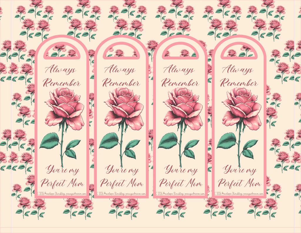 Set of four pink bookmarks with floral design and text on a floral background