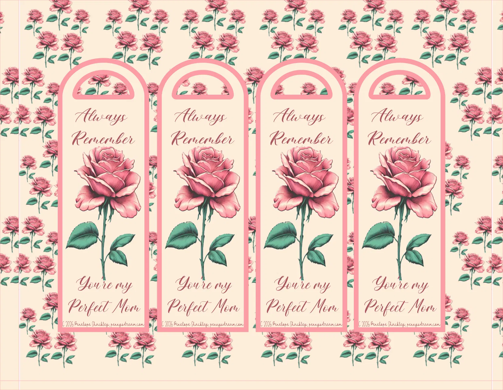 Set of four pink bookmarks with floral design and text on a floral background