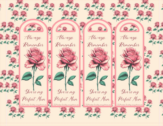 Set of four pink bookmarks with floral design and text on a floral background