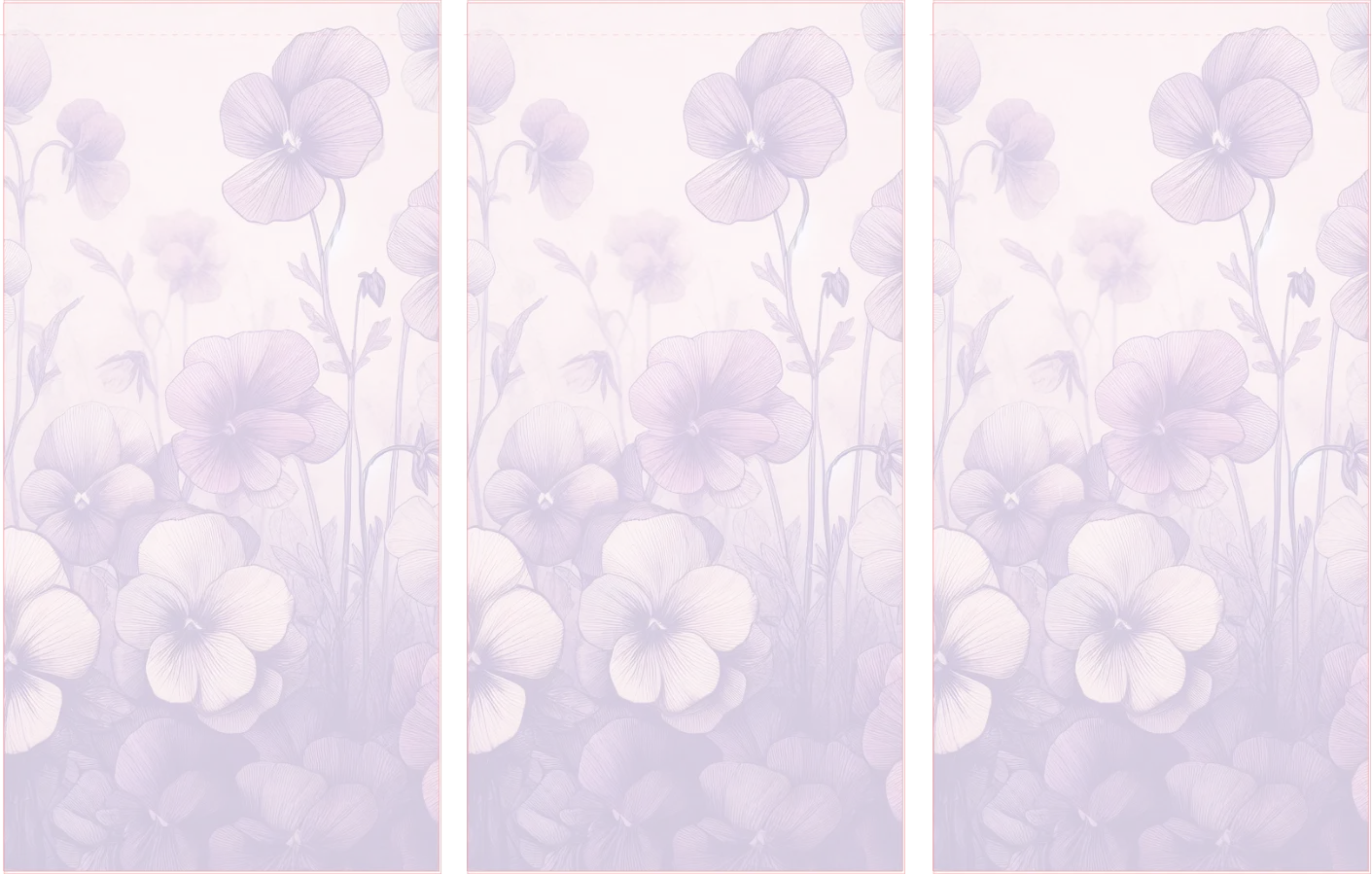 Three panels of a floral design with light purple flowers on a matching background.
