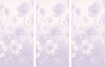 Three panels of a floral design with light purple flowers on a matching background.
