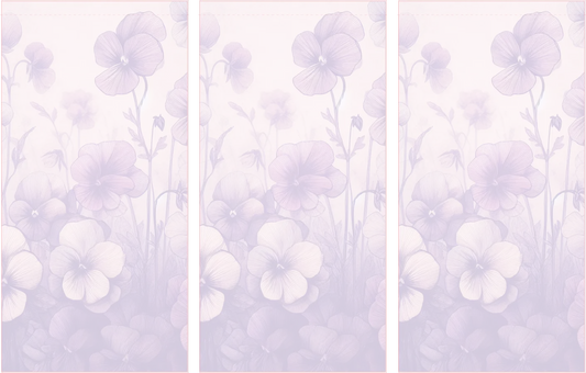 Three panels of a floral design with light purple flowers on a matching background.