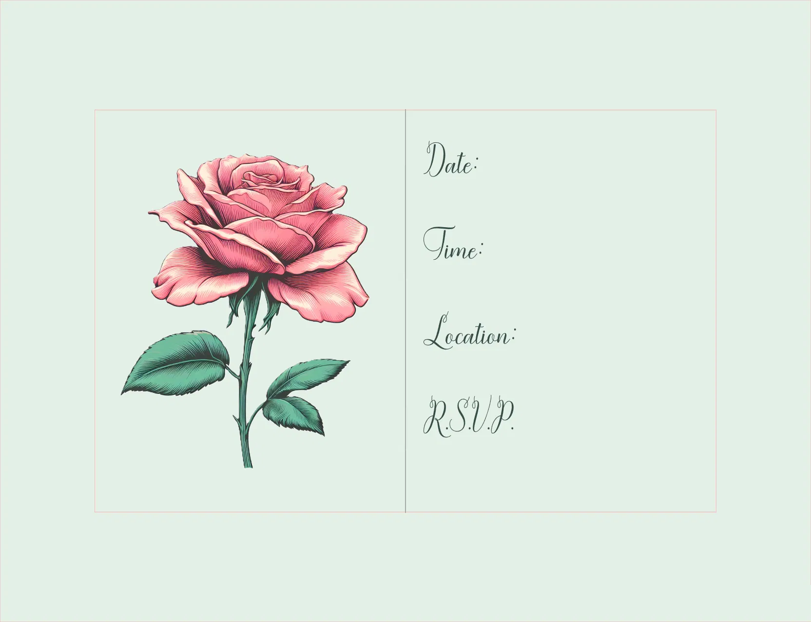 A floral RSVP card design featuring a pink rose with green leaves on the left and blank text fields on the right that read 'Date:', 'Time:', 'Location:', and 'RSVP'.