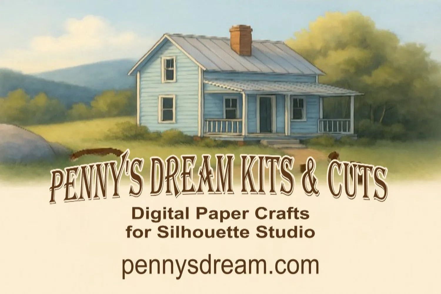 Vintage-style house with 'Penny's Dream Kits & Cuts' digital paper crafts for Silhouette Studio branding.