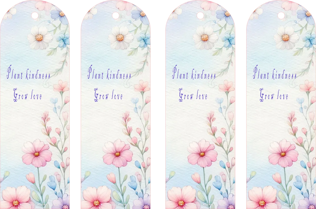 Four identical bookmarks with floral design and text on a light blue background