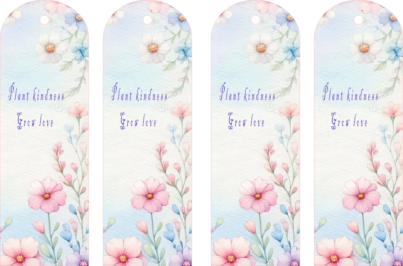 Four identical bookmarks with floral design and text on a light blue background