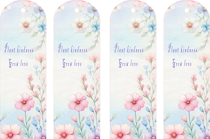 Four identical bookmarks with floral design and text on a light blue background