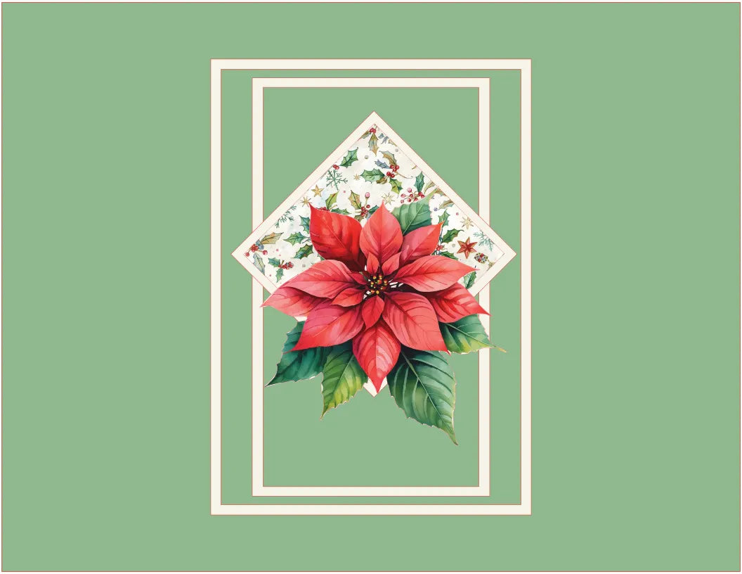 Red poinsettia flower with green leaves on a green background