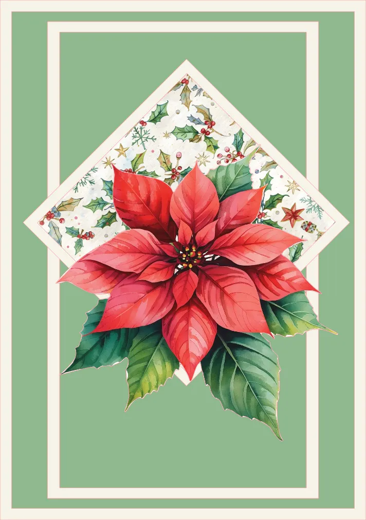 Red poinsettia flower with green leaves on a decorative card with floral elements.