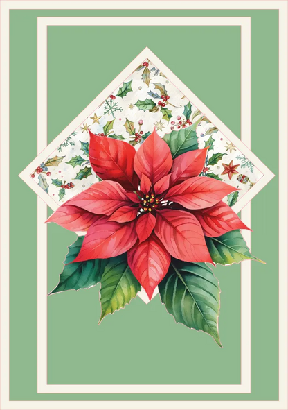 Red poinsettia flower with green leaves on a decorative card with floral elements.