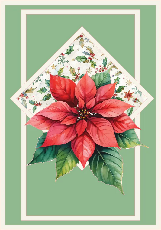 Red poinsettia flower with green leaves on a decorative card with floral elements.