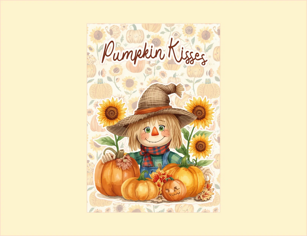 Scarecrow with pumpkins and sunflowers on a patterned background with 'Pumpkin Kisses' text.