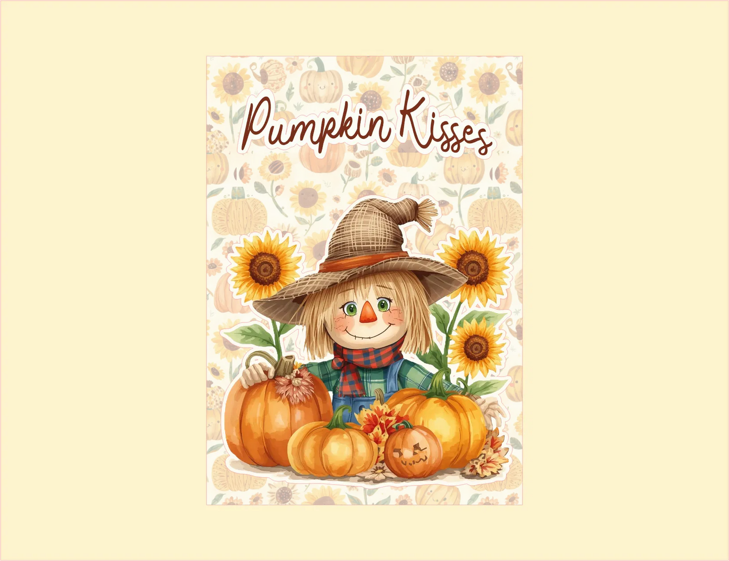 Scarecrow with pumpkins and sunflowers on a patterned background with 'Pumpkin Kisses' text.