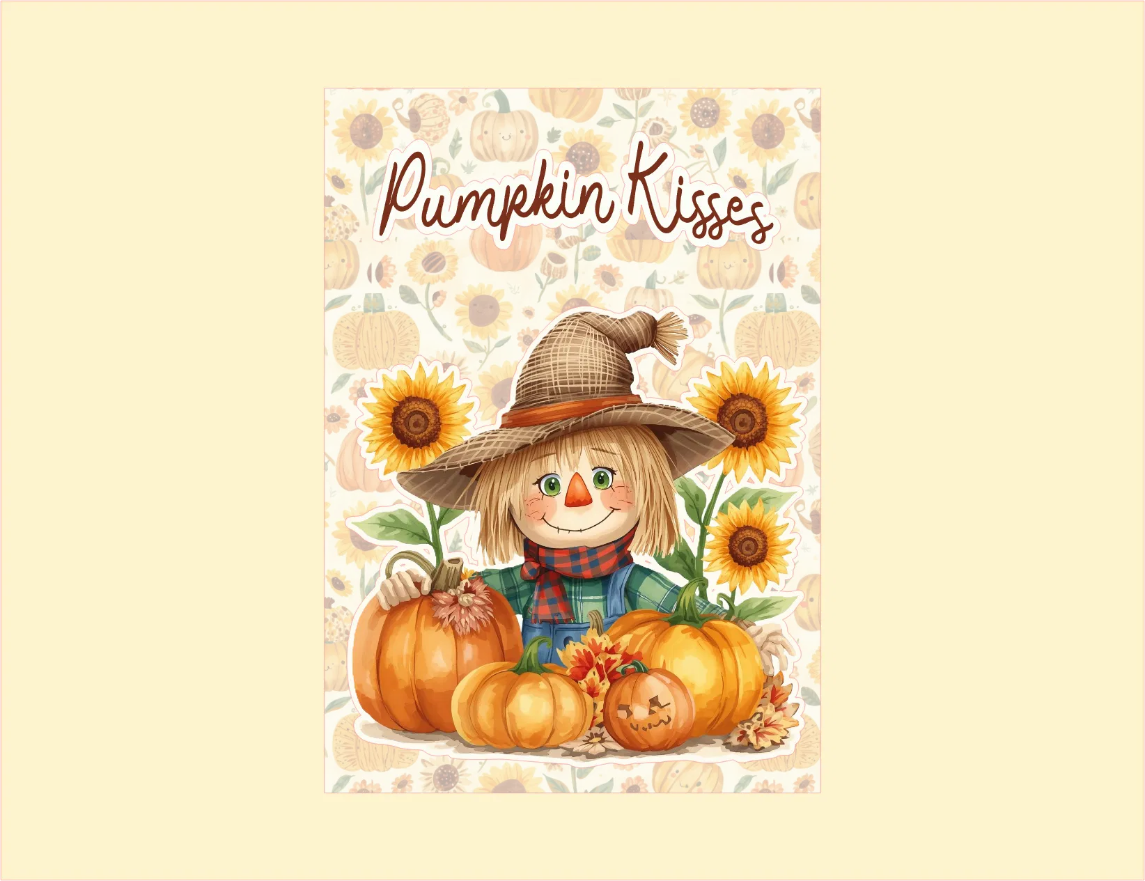 Scarecrow with pumpkins and sunflowers on a patterned background with 'Pumpkin Kisses' text.