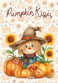 Scarecrow with pumpkins and sunflowers on a decorative background with 'Pumpkin Kisses' text.
