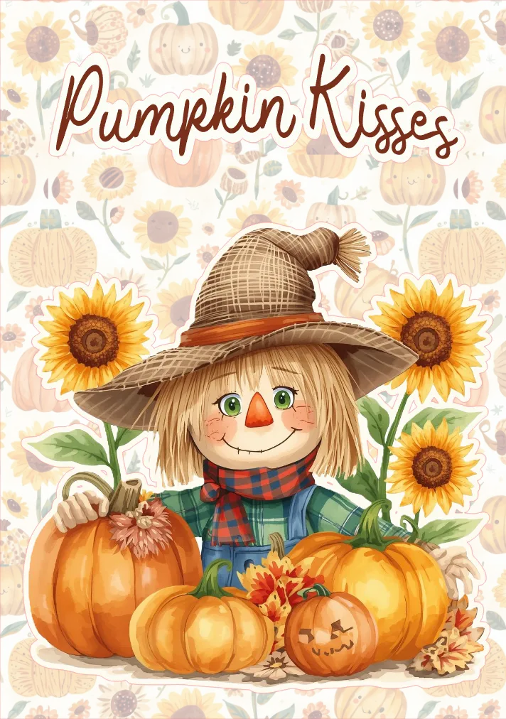 Scarecrow with pumpkins and sunflowers on a decorative background with 'Pumpkin Kisses' text.