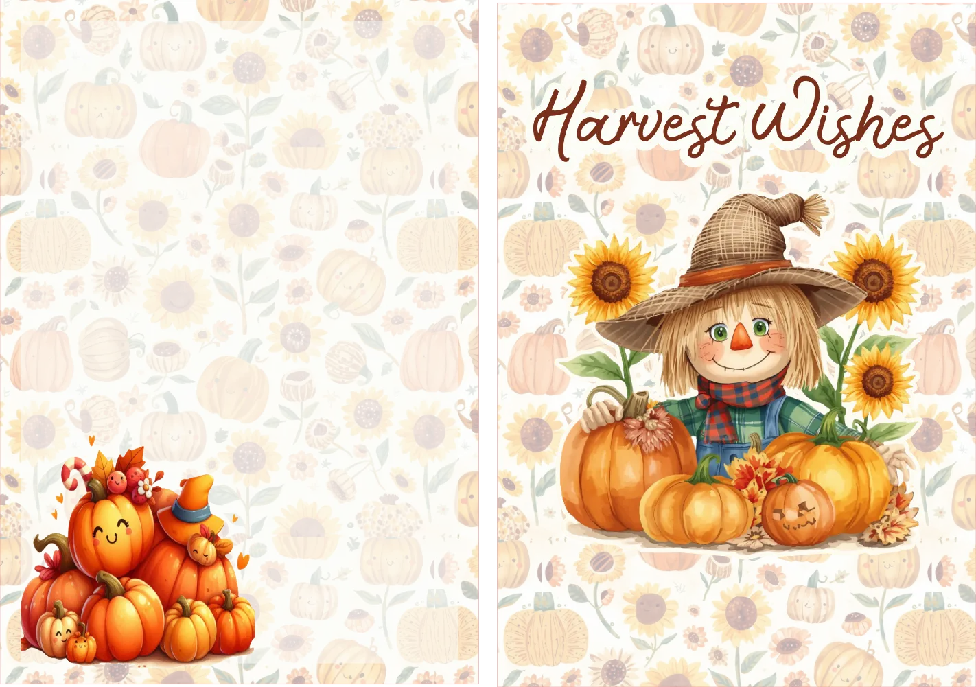 Two cards with autumn-themed designs featuring pumpkins and sunflowers on a patterned background.