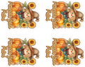 Four decorative elements featuring scarecrows, pumpkins, and sunflowers with 'Happy Thanksgiving' text on a white background.