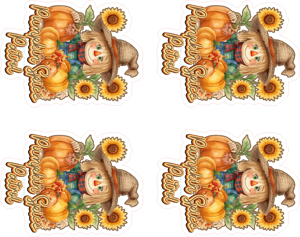 Four decorative elements featuring scarecrows, pumpkins, and sunflowers with 'Happy Thanksgiving' text on a white background.