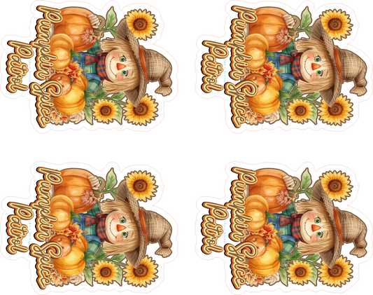 Four decorative elements featuring scarecrows, pumpkins, and sunflowers with 'Happy Thanksgiving' text on a white background.