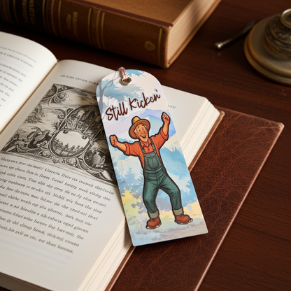 Bookmark with a farmer illustration on an open book
