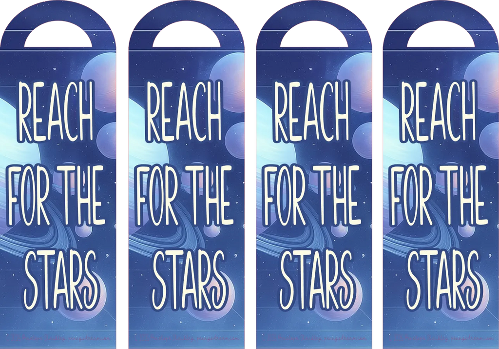 Four blue bookmarks with 'Reach for the Stars' text and starry design.