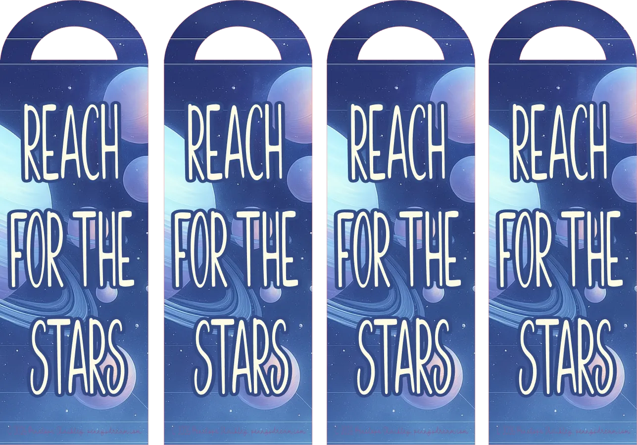 Four blue bookmarks with 'Reach for the Stars' text and starry design.