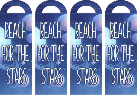 Four blue bookmarks with 'Reach for the Stars' text and starry design.
