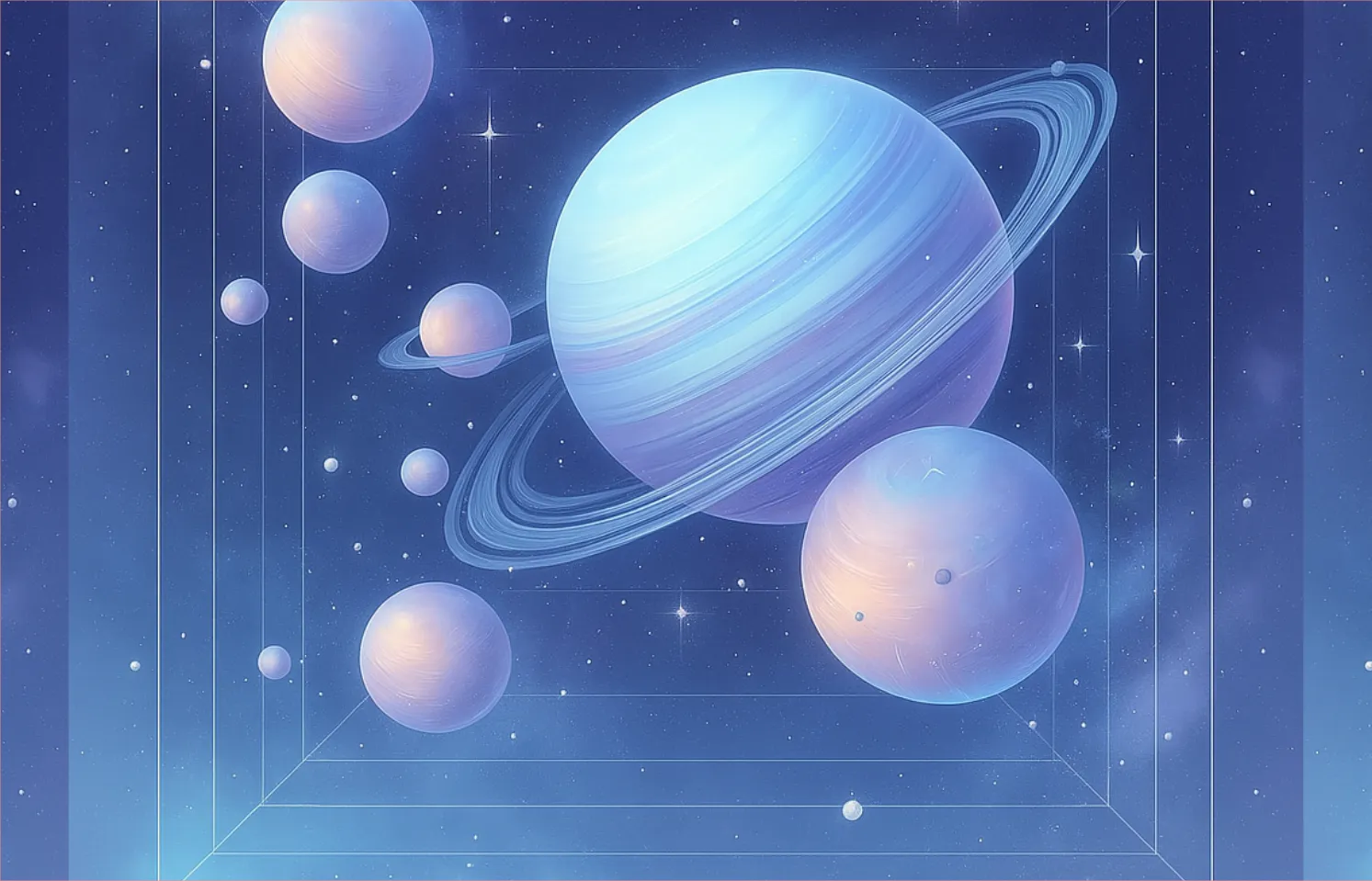 Illustration of a planet with rings and smaller planets against a starry space background