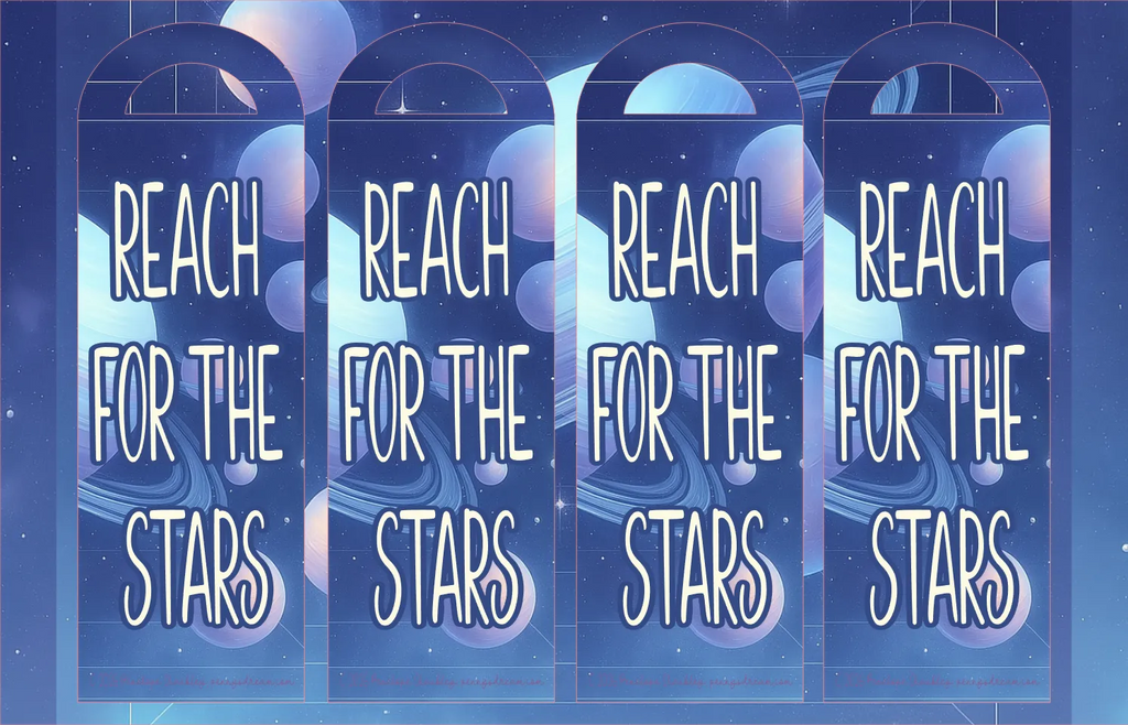 Four identical motivational phrases 'REACH FOR THE STARS' on a blue background with star patterns.