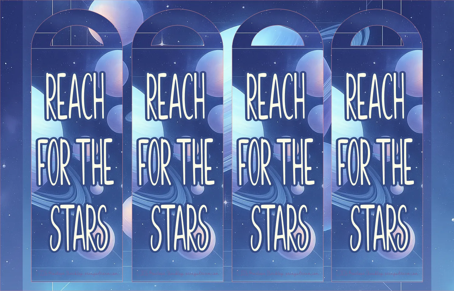 Four identical motivational phrases 'REACH FOR THE STARS' on a blue background with star patterns.