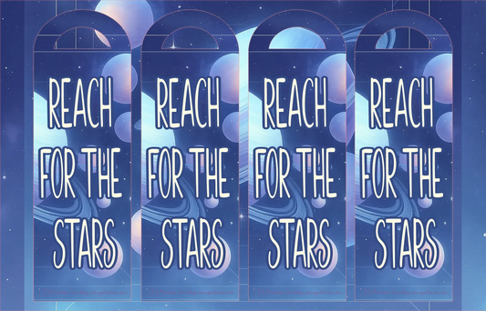 Four identical motivational phrases 'REACH FOR THE STARS' on a blue background with star patterns.