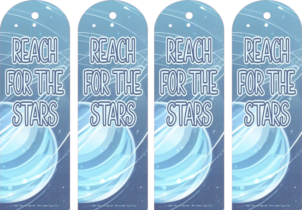 Four blue bookmarks with 'Reach for the Stars' text and celestial design.