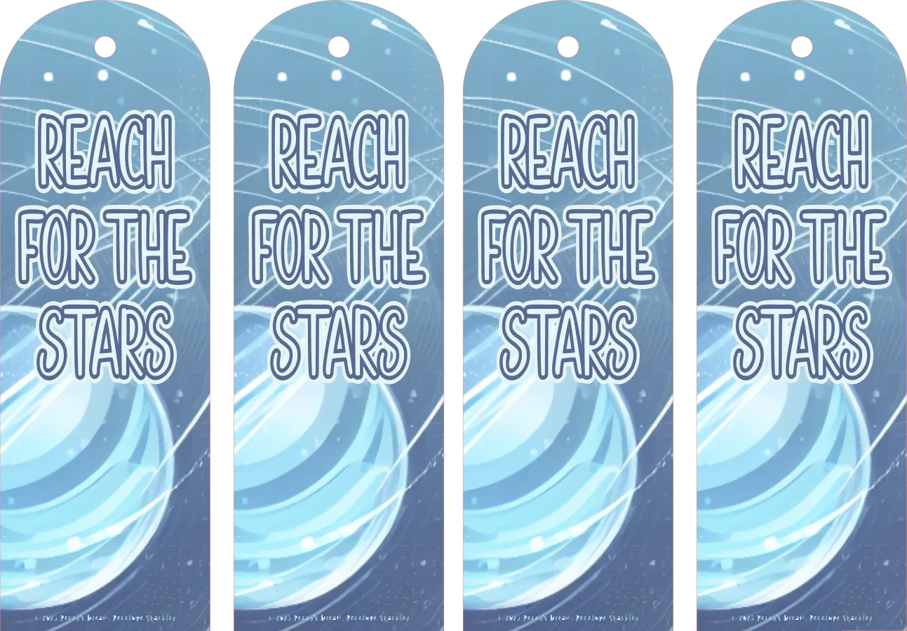 Four blue bookmarks with 'Reach for the Stars' text and celestial design.