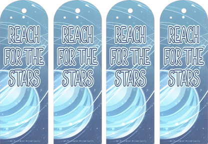 Four blue bookmarks with 'Reach for the Stars' text and celestial design.